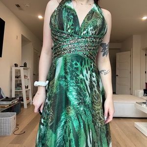 VINTAGE Jade Green Abstract Boho Animal Print Leopard Chiffon Prom Dress